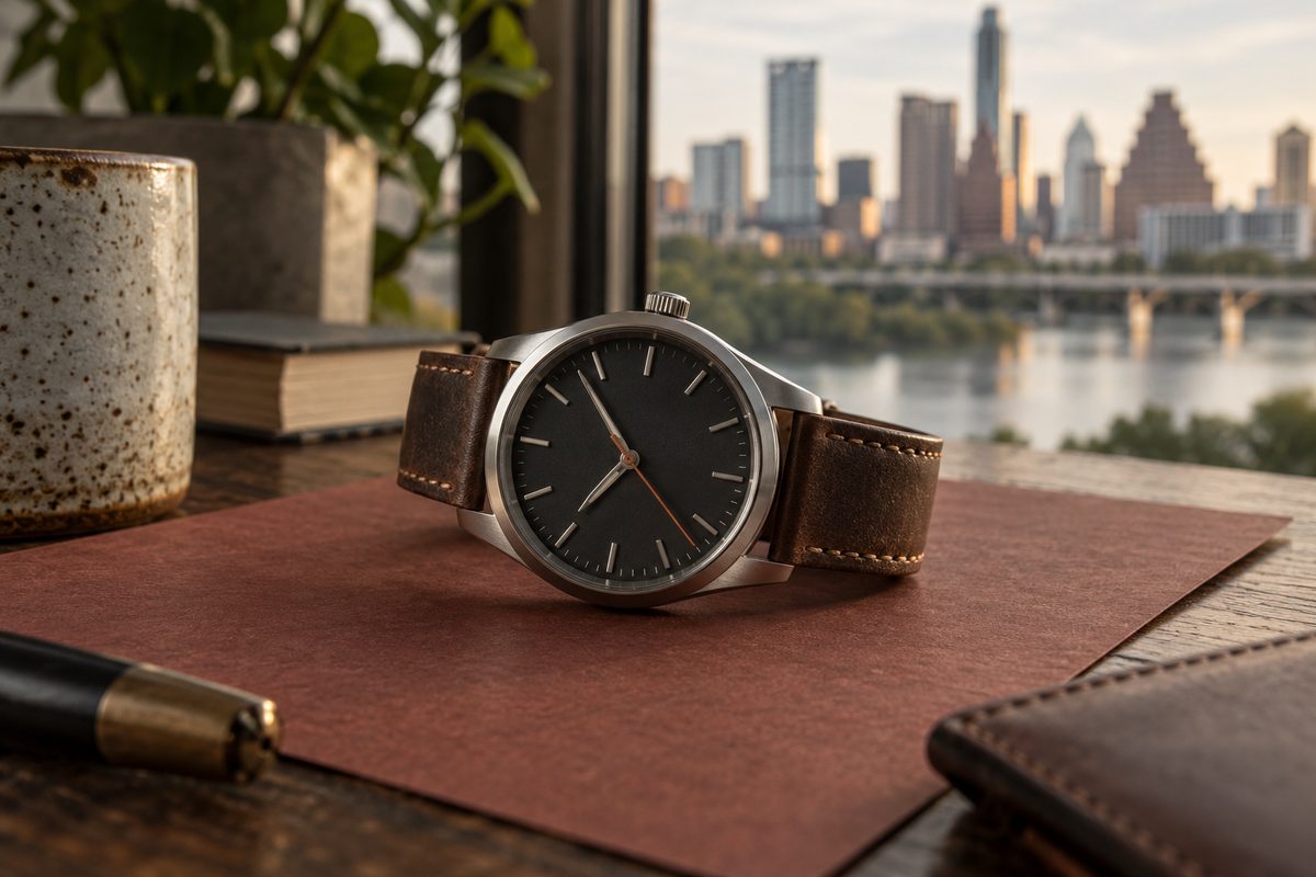 Nocturne 39 watch with a dark dial and rust seconds detail