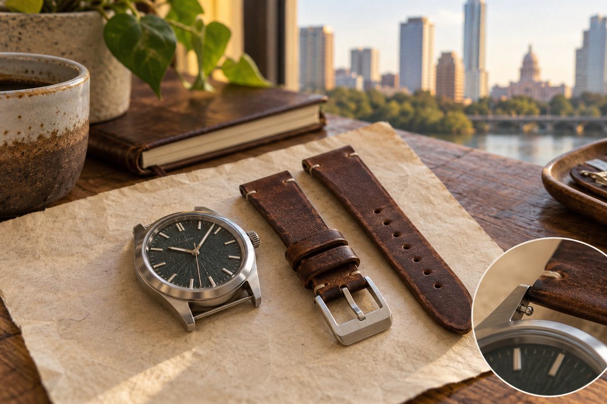 Watch beside a detached interchangeable leather strap